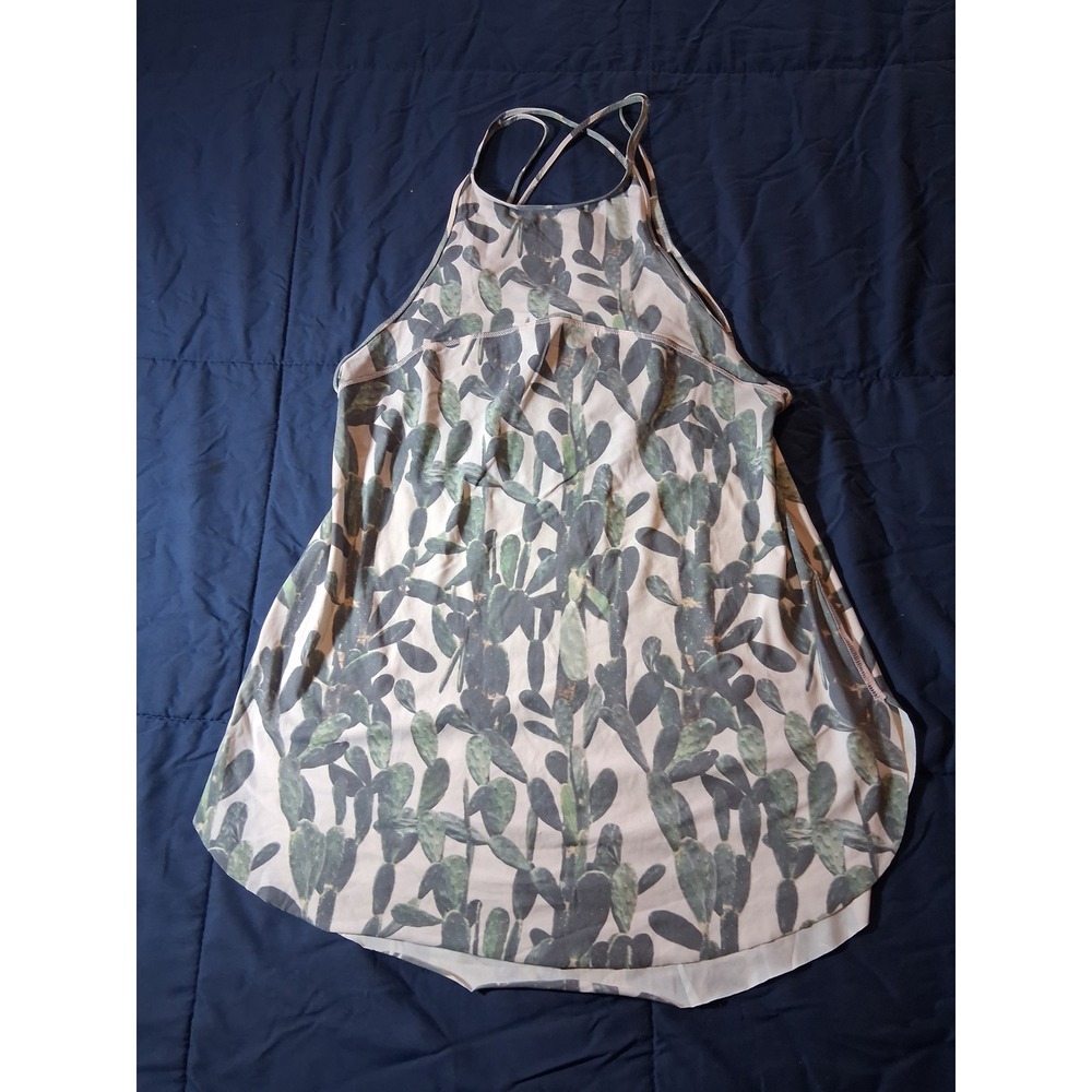 Lululemon High Neck Cactus Print Strappy Back Tank Top Green Tan Yoga Activewear